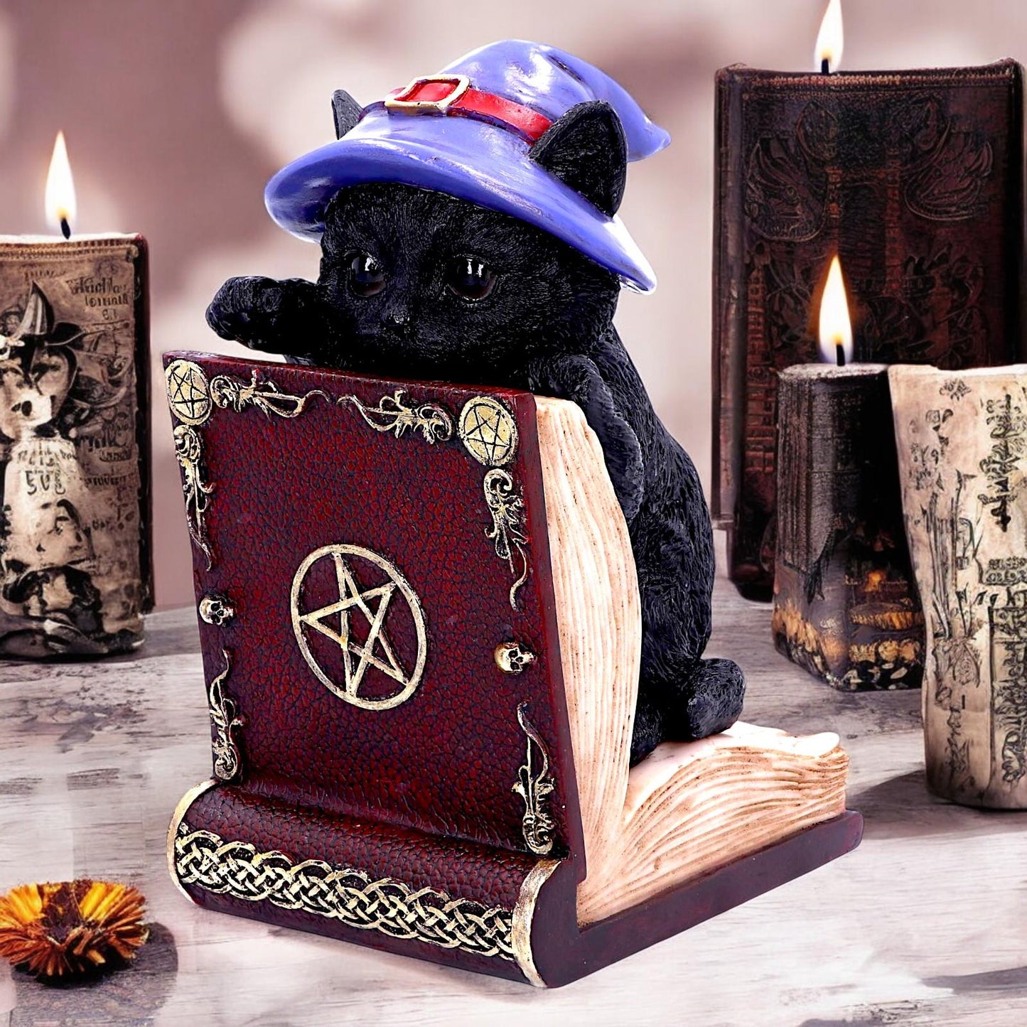 Mystical Witch Cat Bookend Figurine Gothic Spell Book Pagan Fantasy Ornament Decor