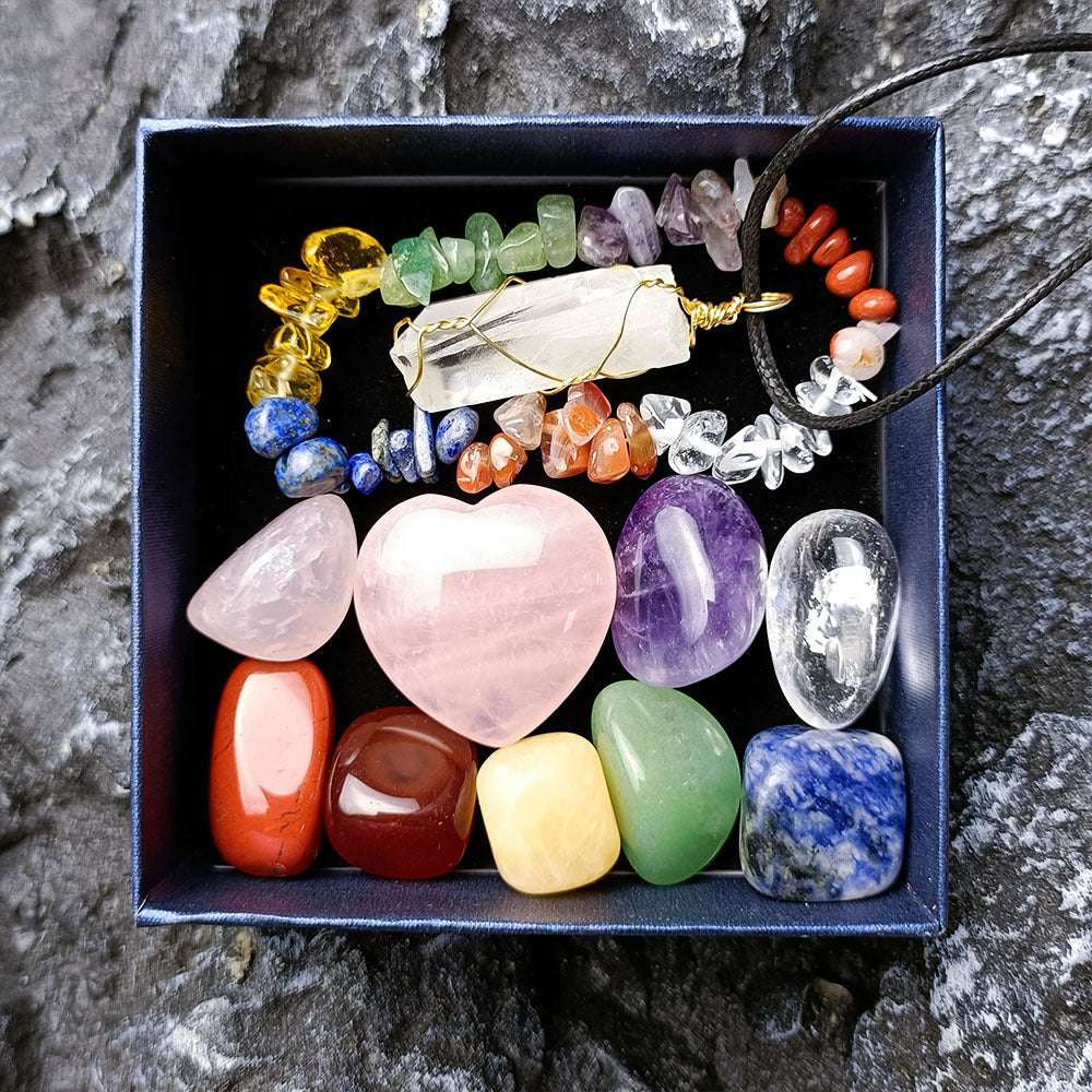 Crystal Chakra Healing Set - 12-Piece Gemstone Collection with Rose Quartz Heart, Jade, Amethyst, and Hexagon Pillar, Perfect for Meditation and Energy Balance