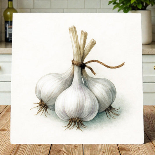 Rustic Garlic Ceramic Tile Culinary Herb Illustration Kitchen Art Display Piece
