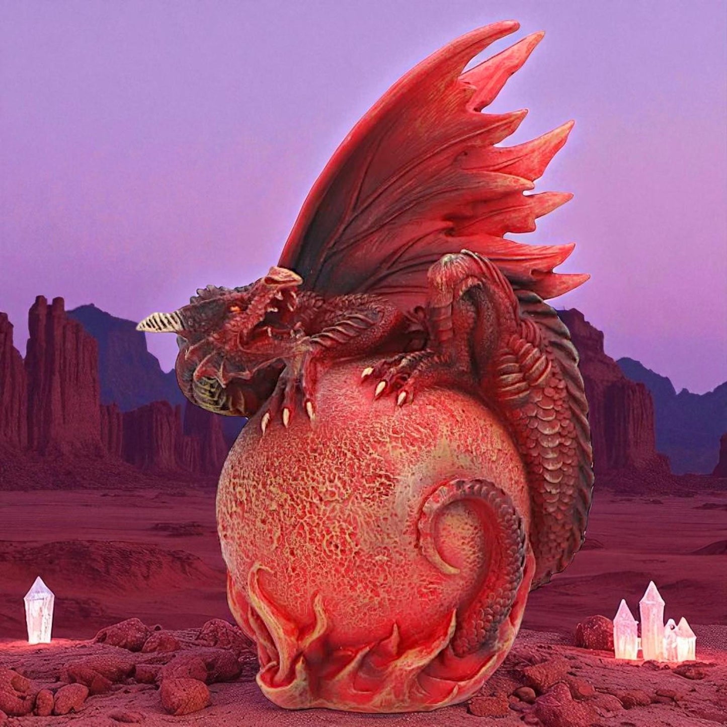 Gothic Fiery Crimson Mars Dragon Fantasy Statue Martian globe Mythical Decor