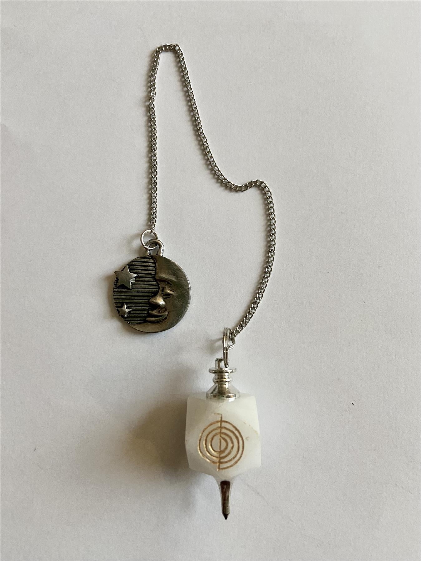 White Agate Reiki Pendulum with Cho Ku Rei Symbol & Moon Charm | Dowsing Divination Tool