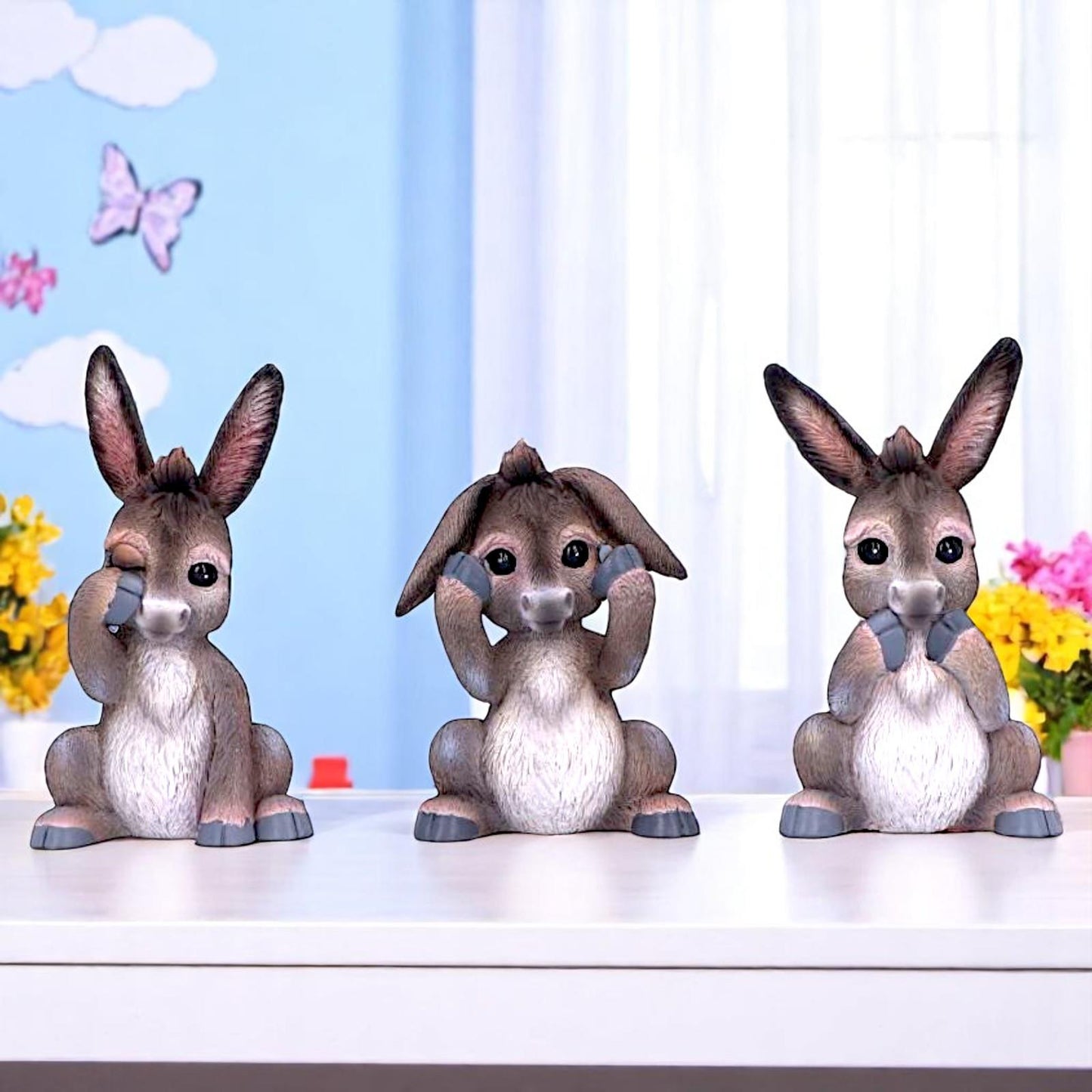 Farm Animal Wisdom Figurines Three Wise Donkeys Ornament Easter Statue Gift