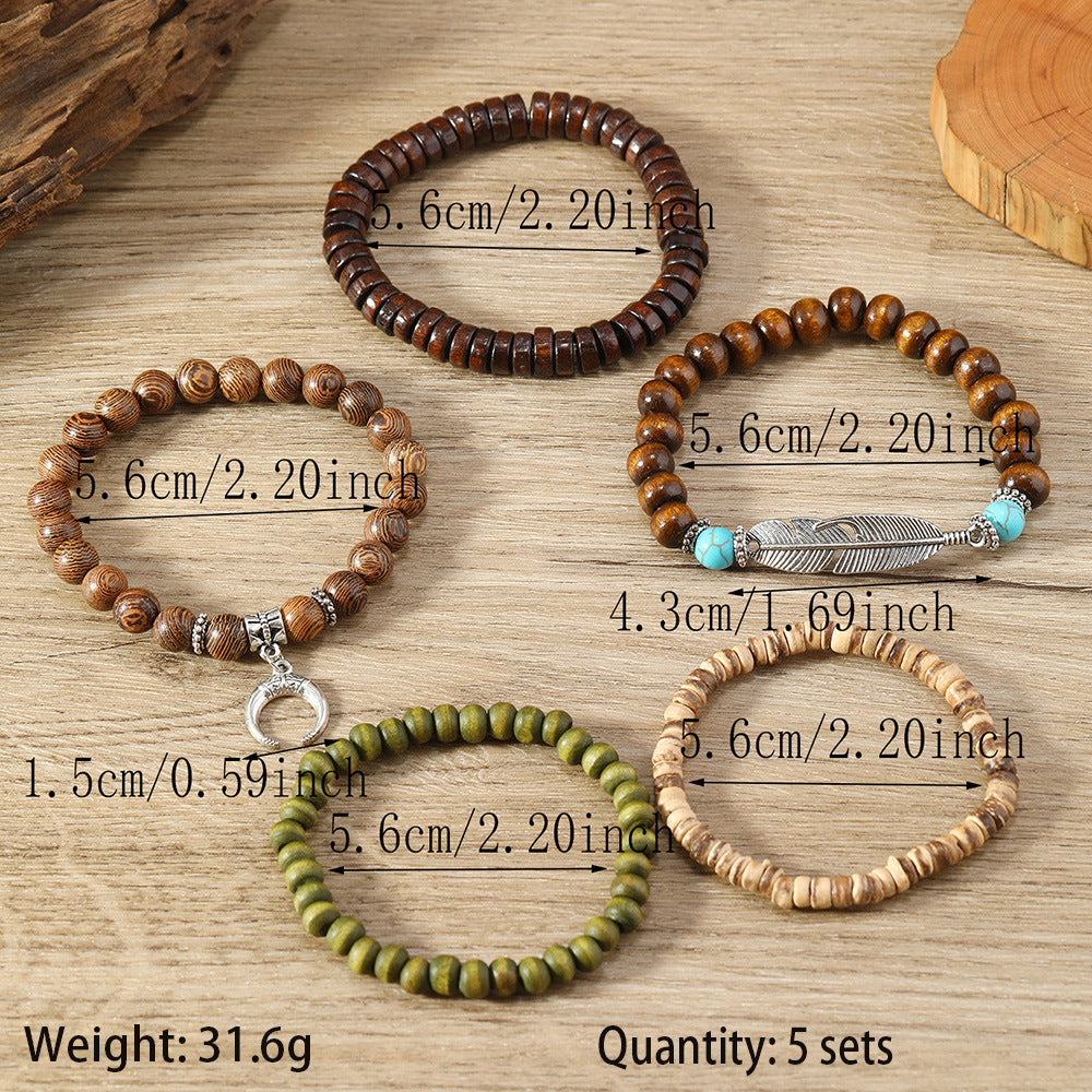 Simple Fashion Bohemian Feather Crescent Wooden Bead Bracelet