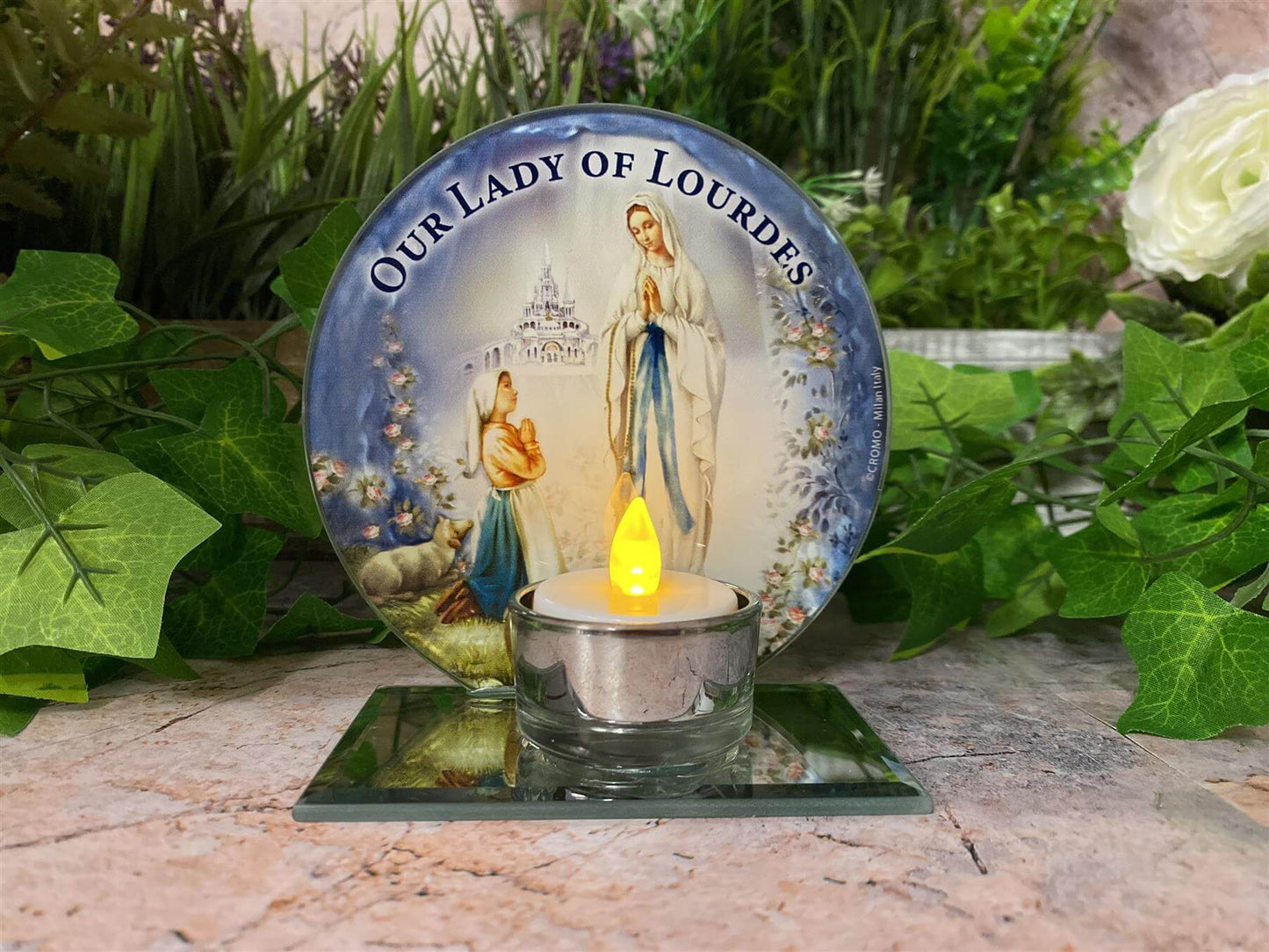 Beautiful Glass Votive Light Holder with Our Lady of Lourdes Catholic Gift