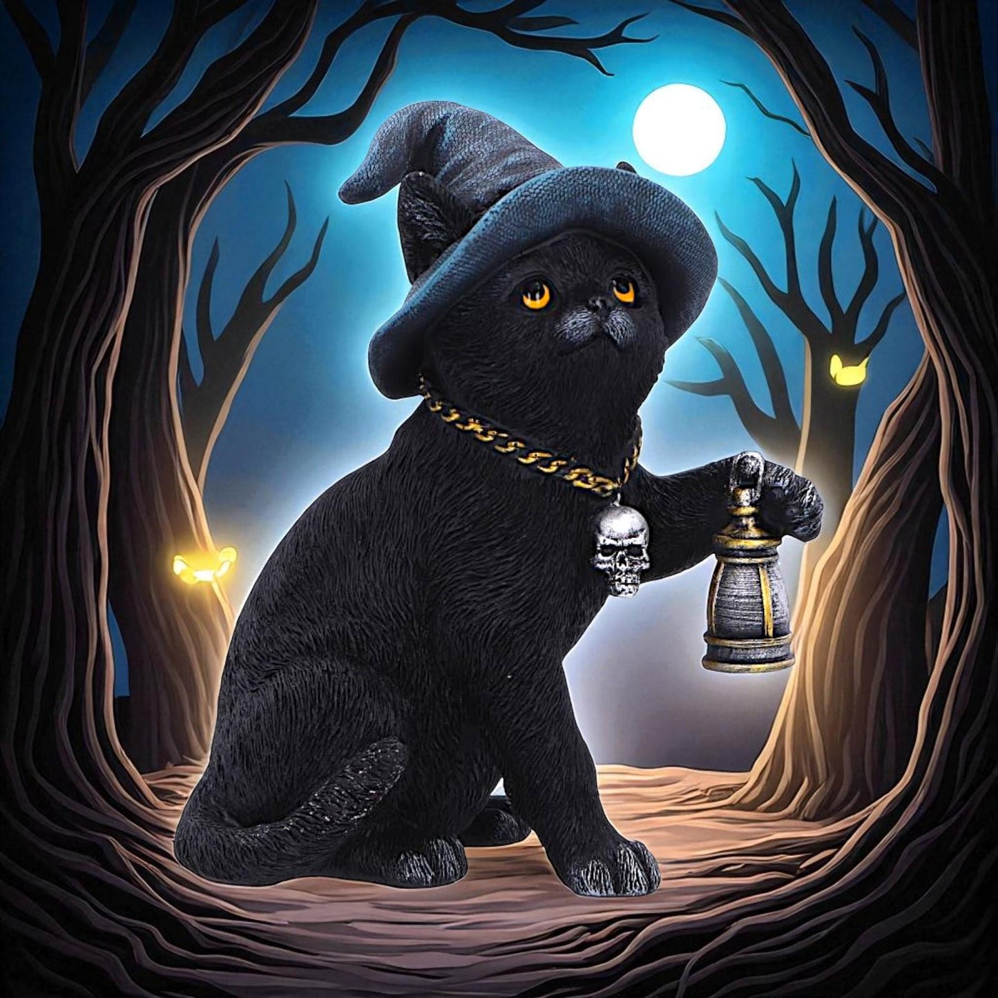 Fantasy Witch Cat Figurine Gothic Cat Familiar Lantern & Skull Necklace Statue