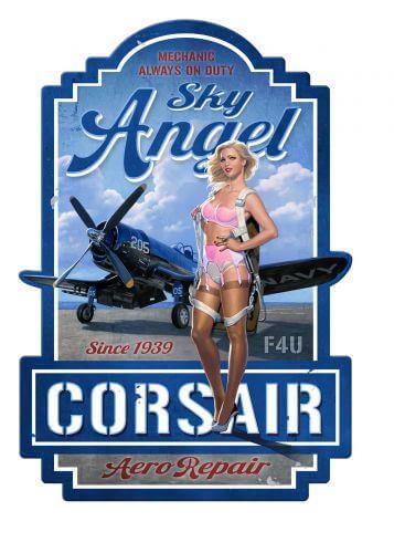 Sky Angel Corsair Pin-Up Metal Sign | 61cm x 42cm Retro Aviation Decor | WWII Airplane Wall Art