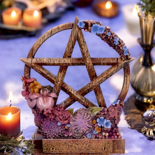 Spring Floral Pentagram Ornament - Ostara Wiccan Decor, Hand-Painted Pagan Gift