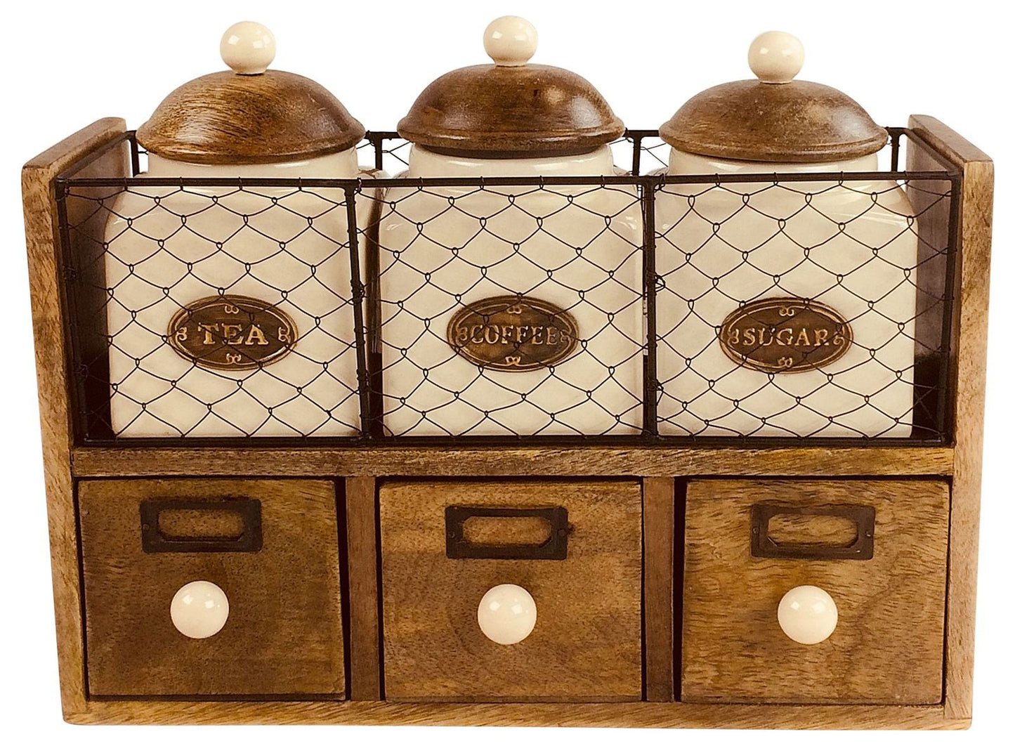Rustic Wooden Tea Coffee Sugar Storage Rack with Ceramic Jars and Drawers - Wall Mountable