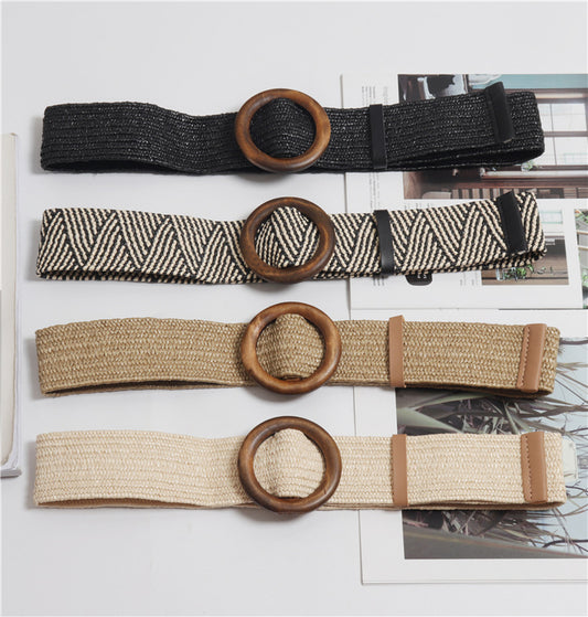 Woven round buckle belt with bohemian wax rope