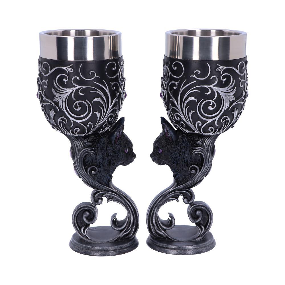 Twin Black Cat Goblets Familiars Gothic Chalice Set Wiccan Occult Wine Glasses