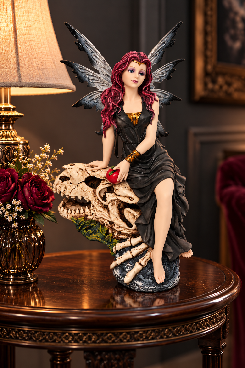 Gothic Fairy on Dinosaur Skull Figurine 25cm Dark Fantasy Statue Ornament Decor
