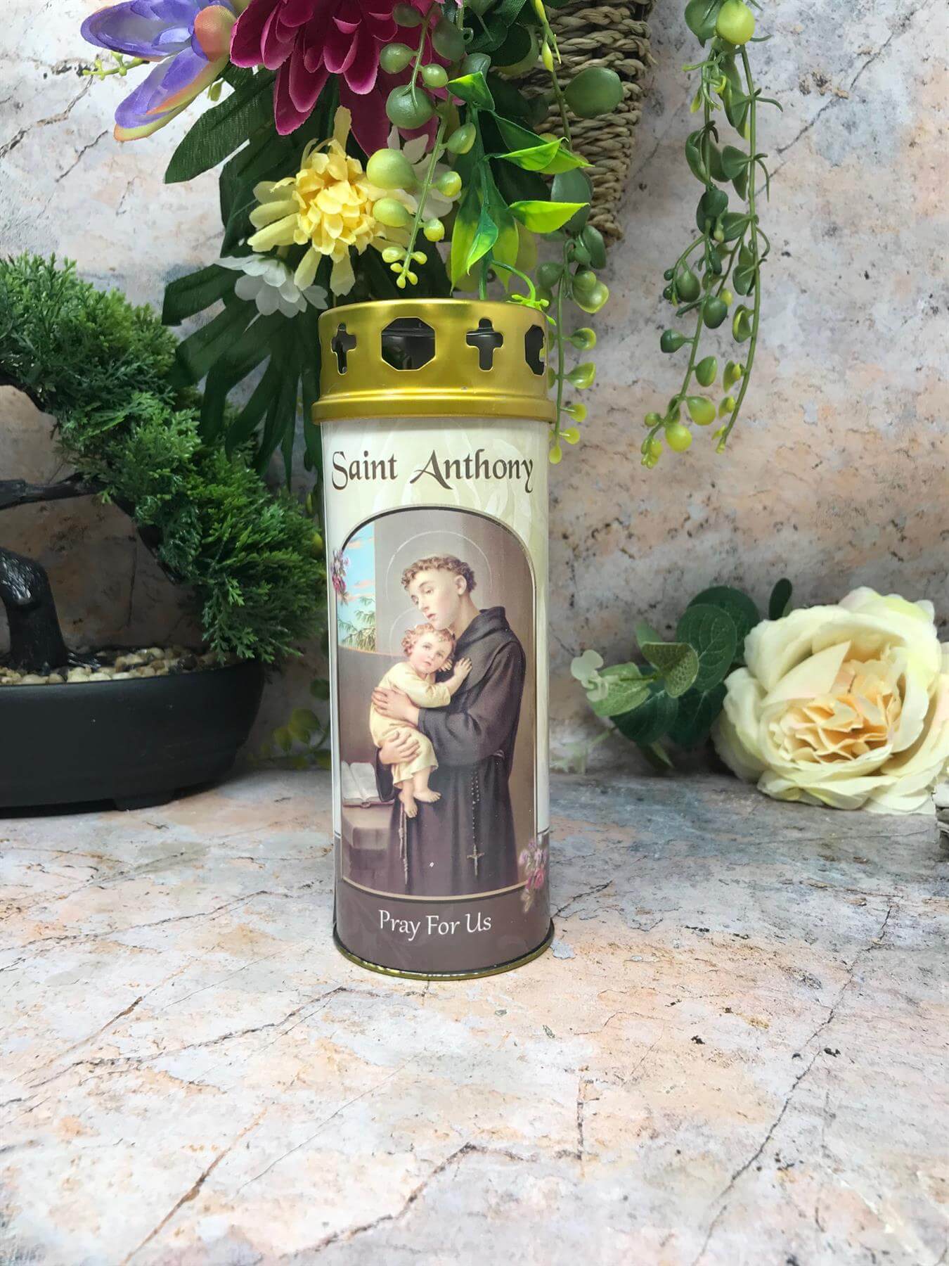 Saint Anthony Grave Candle Windproof Cap Prayer on Reverse Religious Graveside