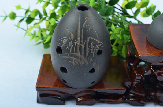 8-Hole Black Clay Ocarina with Bamboo Design – Ceramic Instrument