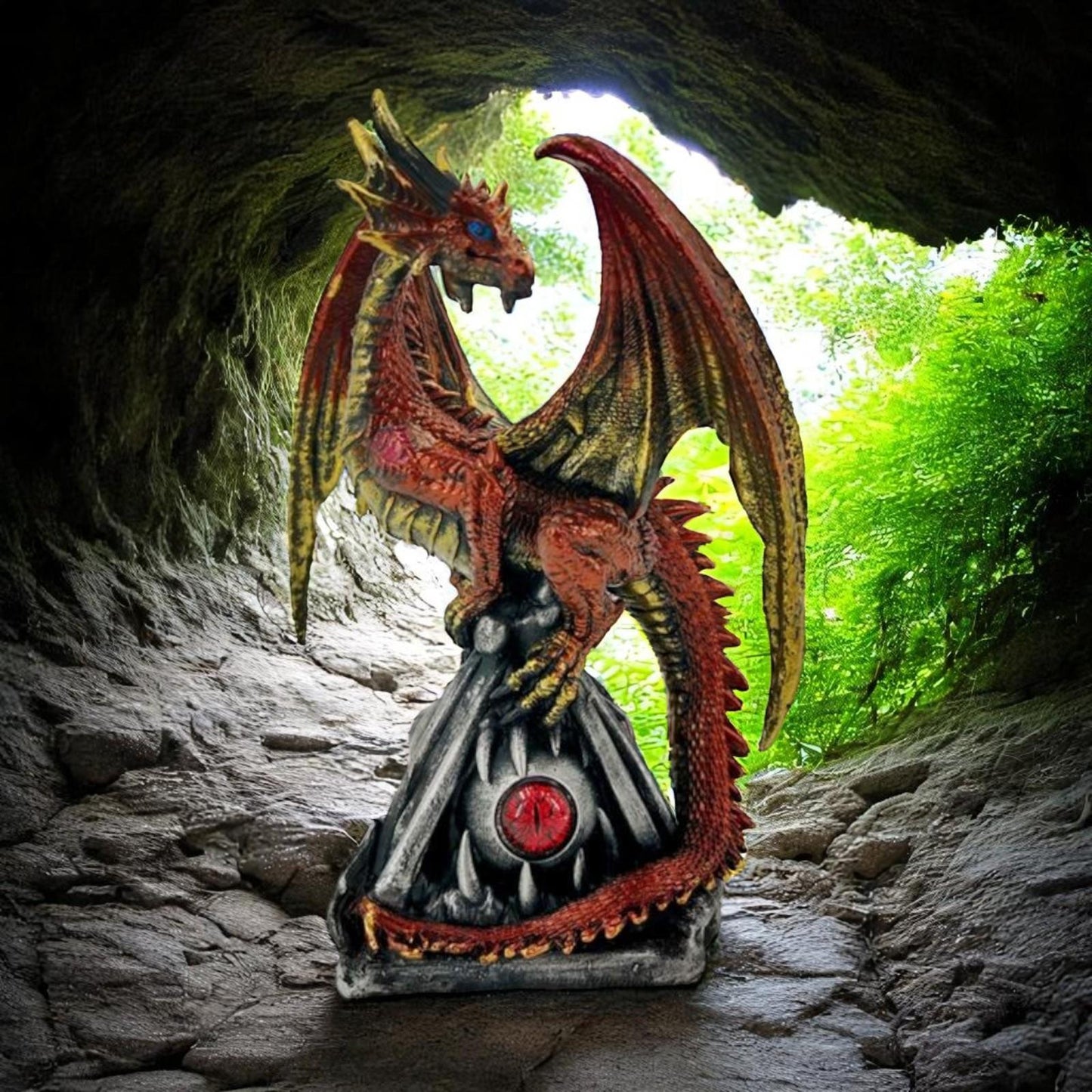 Red Gold Dragon Figurine 16.5cm | Fantasy Resin Dragon Ornament on Claw Base with Eye | Gothic Home Decor