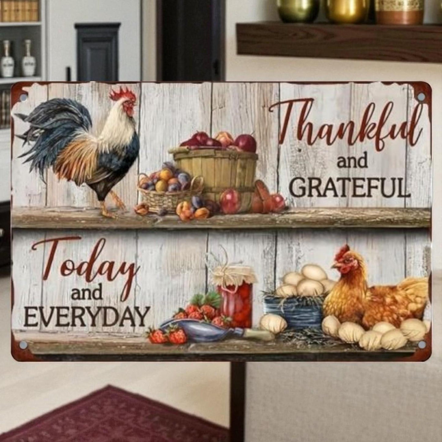 Thankful Grateful Farmhouse Wall Sign Metal Plaque Chicken Rustic Country Kitchen Decor