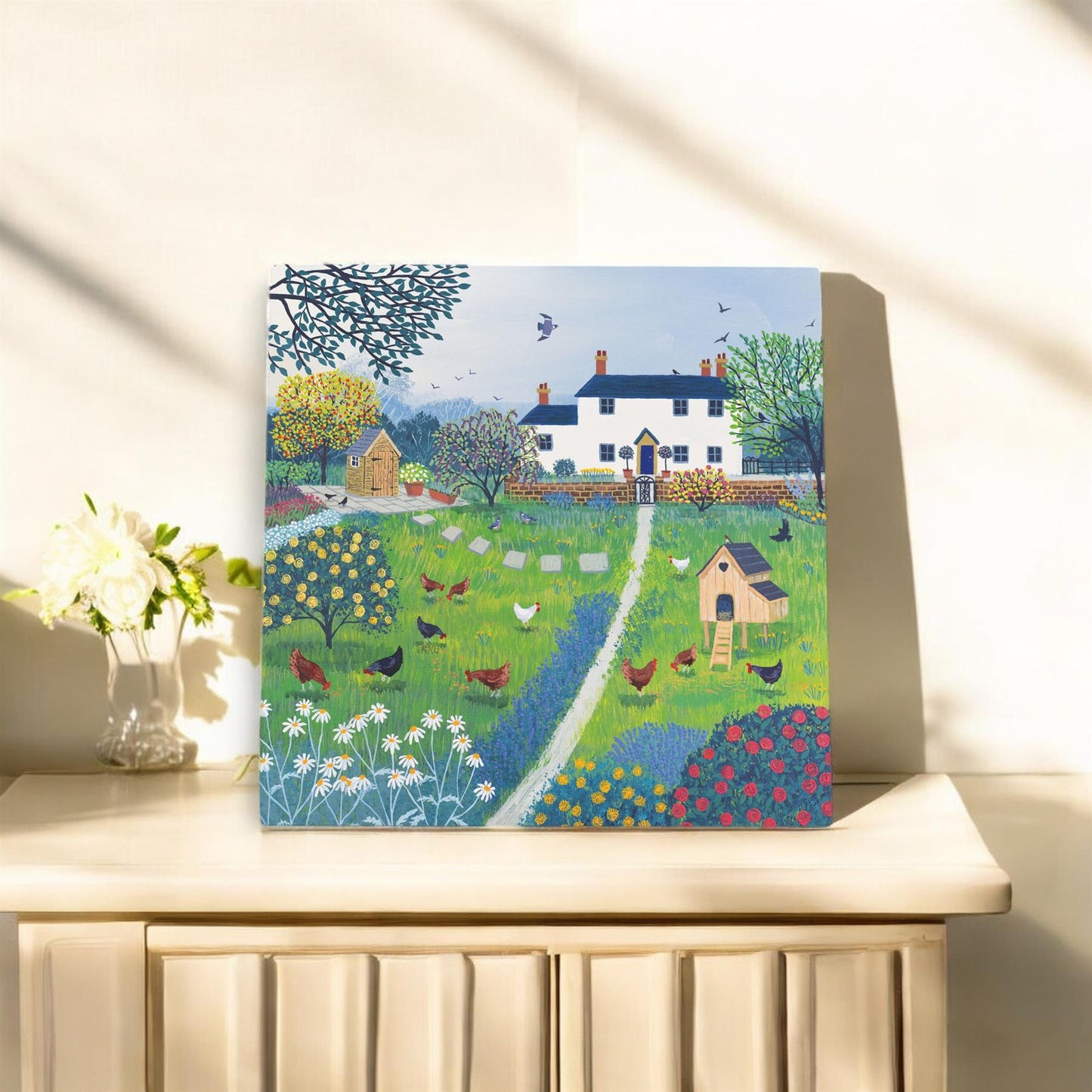 The Hen House" Ceramic Art Tile by Jo Grundy 20x20 cm | Ready to Hang | Boxed