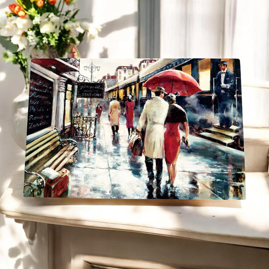 Metropolitan Station Retro Wall Art | 30x20 cm Vintage Ceramic Tile by Brent Heighton | Paris Street Scene | Red Umbrella Decor | Ready to Hang | Art Deco Home Décor | Gift Boxed"-Osiris Craftworks