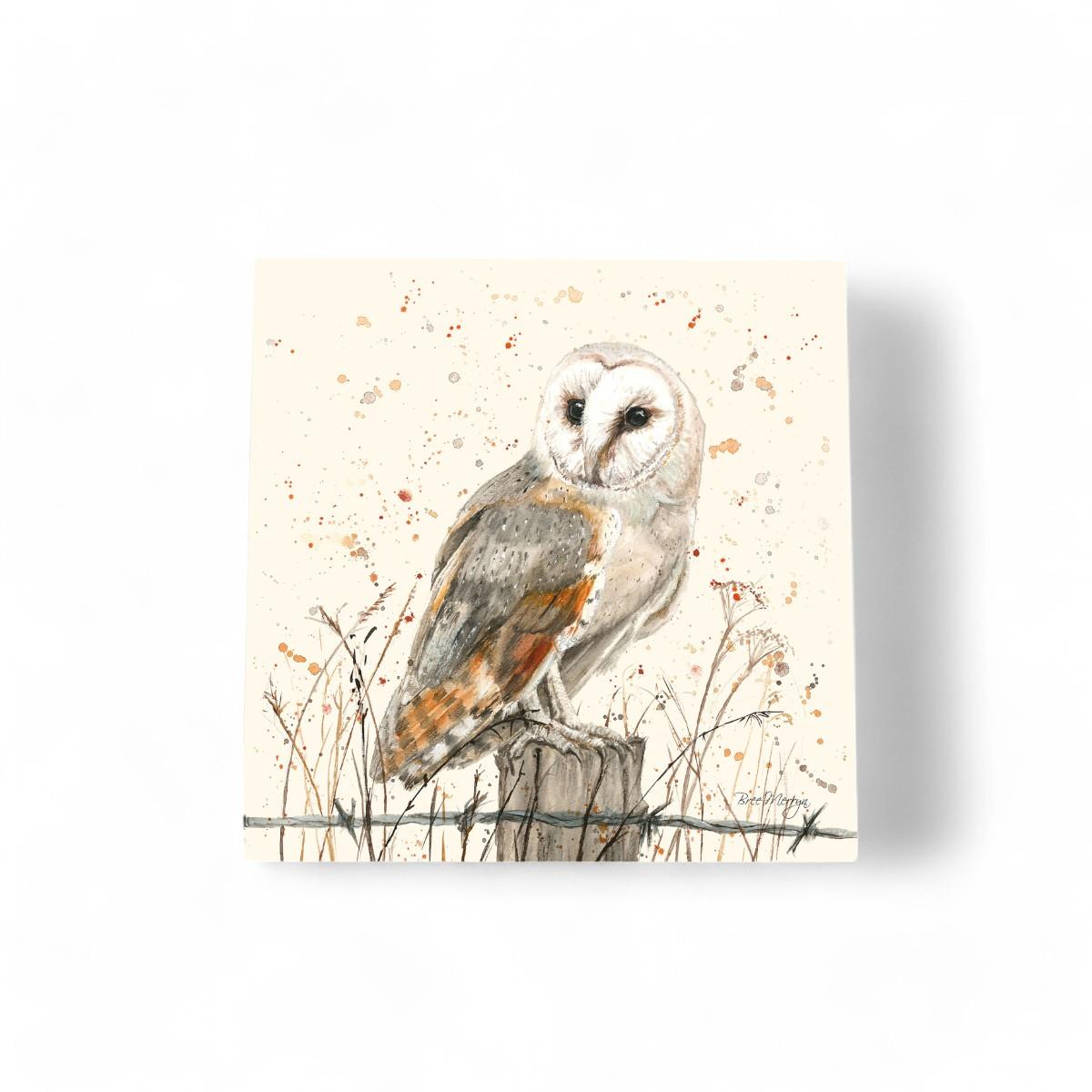 OSWALD Barn Owl Art Tile by Bree Merryn - Ceramic Wall Decor 20x20 cm Ready to Hang - Perfect Gift