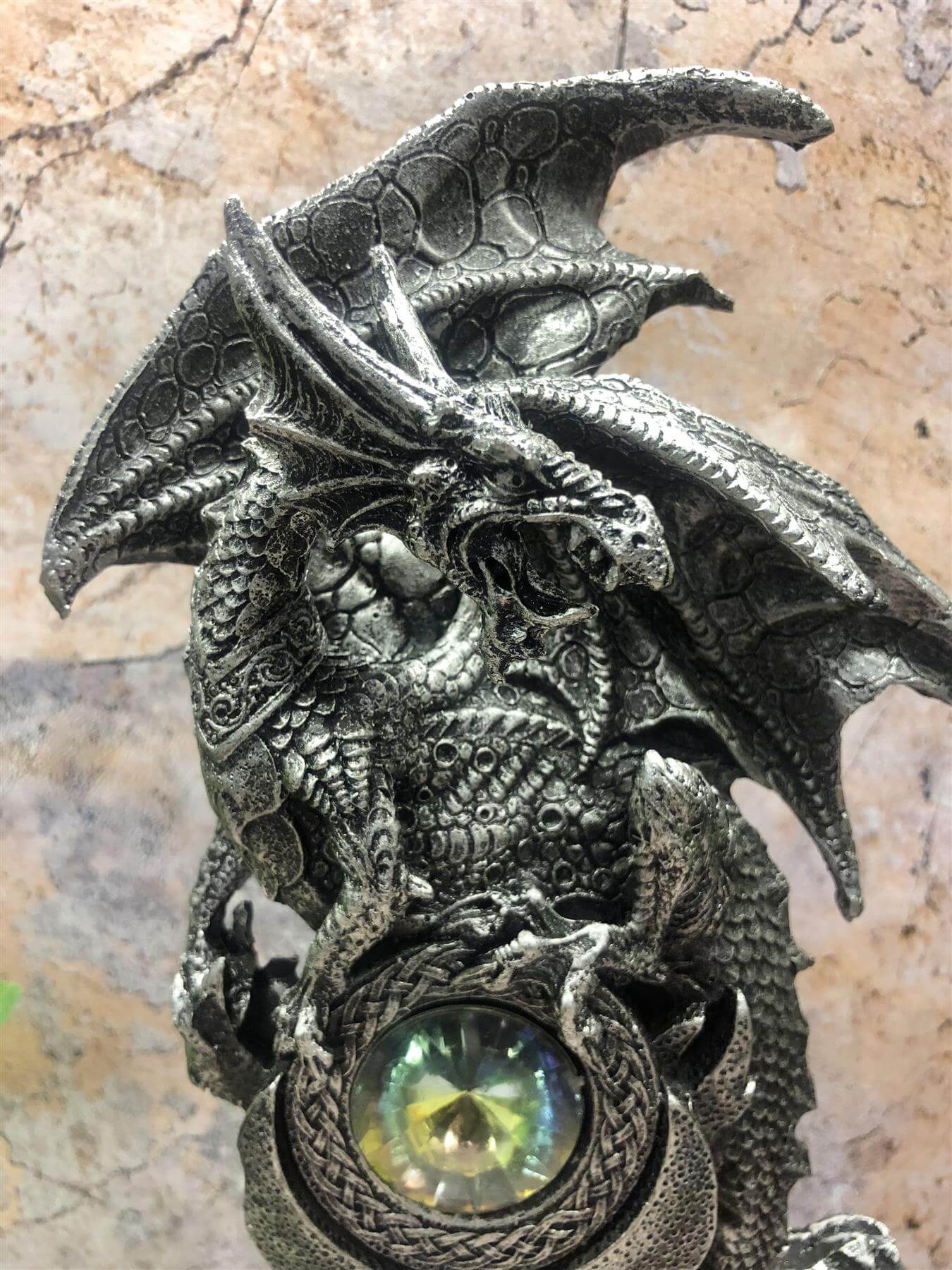 Majestic Dragon Jewel Guardian Statue, Silver Resin Sculpture, Handcrafted Fantasy Art Figurine, Mythical Beast Ornament Magical Realm Decor