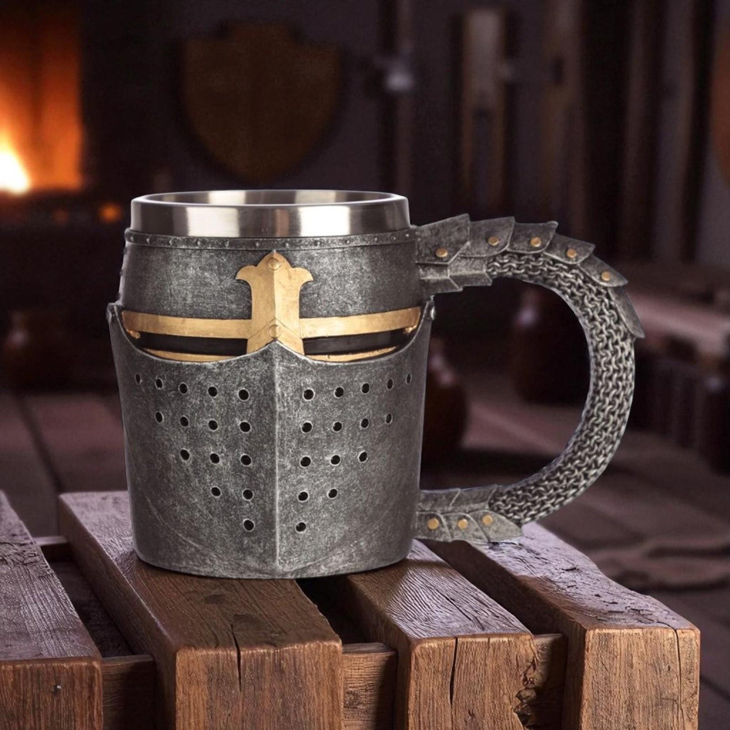 Medieval Knight Helmet Mug | Gothic Tankard with Stainless Steel Insert 11cm