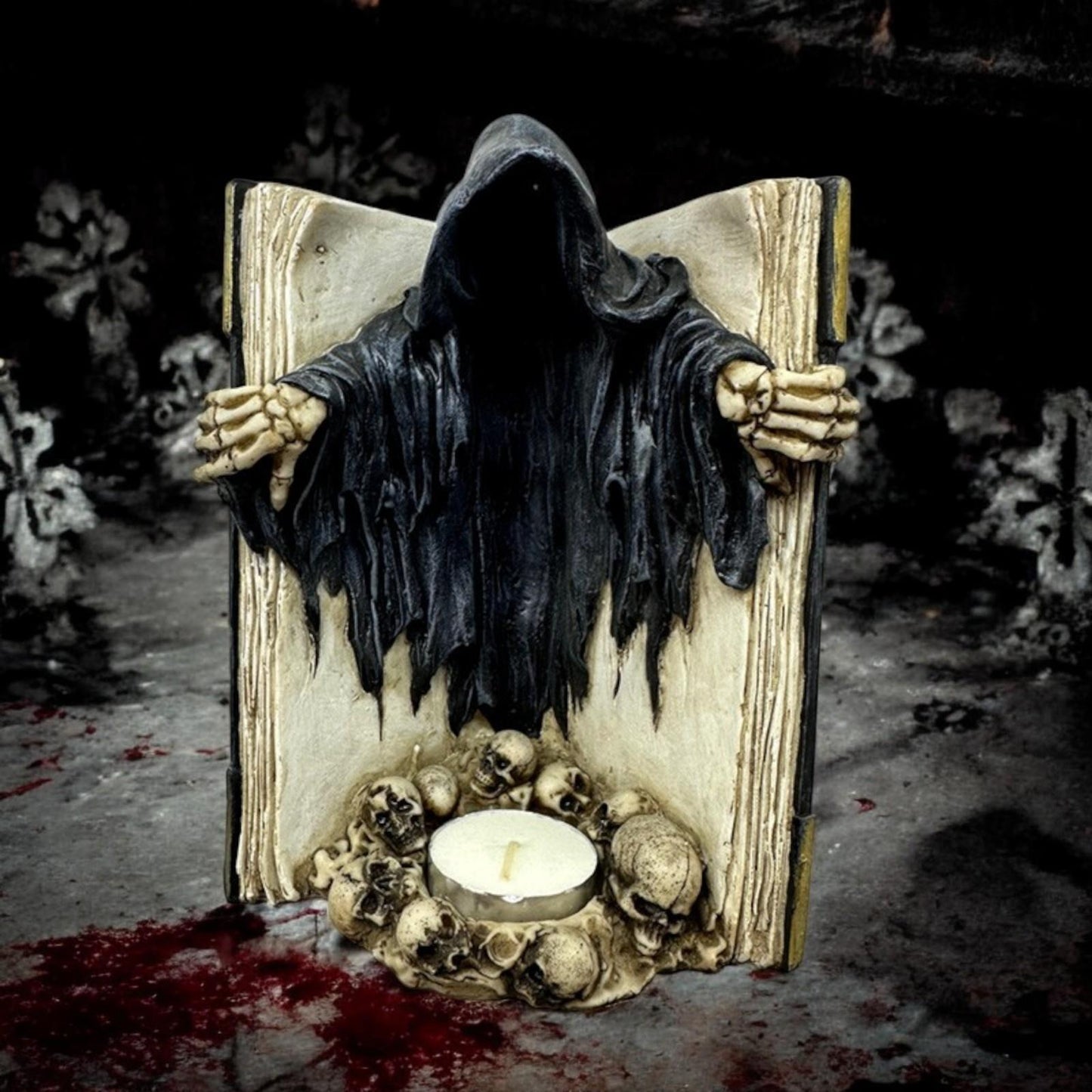 Book of the Dead Tea Light Holder Gothic Reaper Candle Figurine Halloween Decor