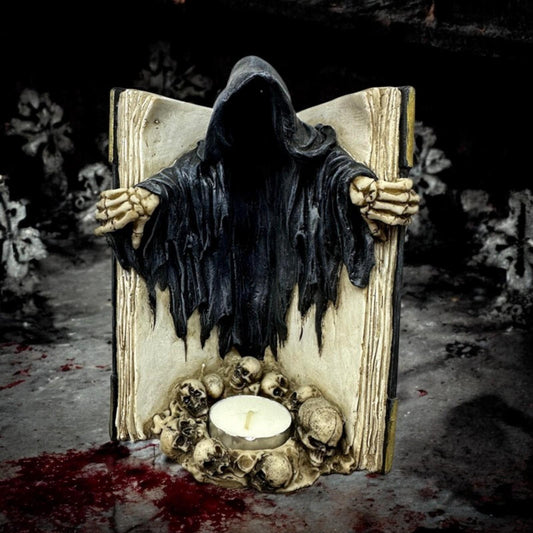 Book of the Dead Tea Light Holder Gothic Reaper Candle Figurine Halloween Decor