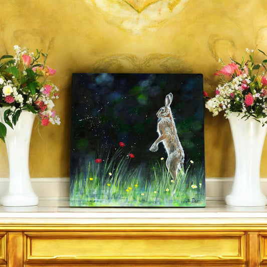 LONE DANCING HARE Ceramic Art Tile by Pankhurst Gallery 20x20 cm Ready to Hang Home Decor