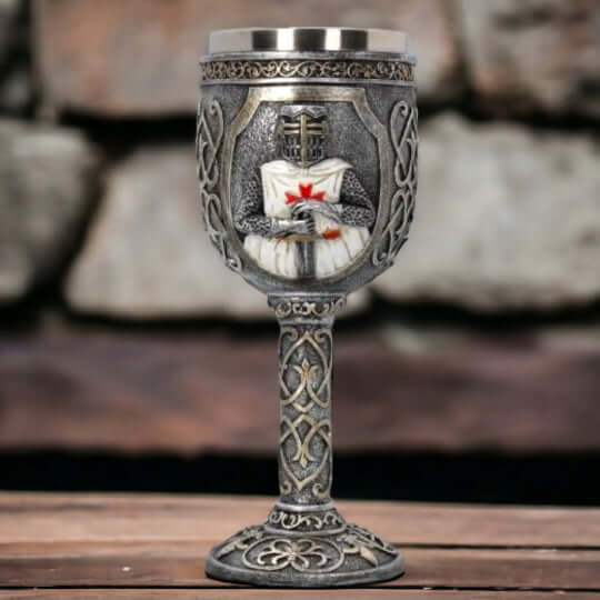 Templar Knight Chalice | Gothic Medieval Stainless Steel Goblet | Resin Art Collectible | Antique-Style Crusader Cup 19cm-Osiris Craftworks