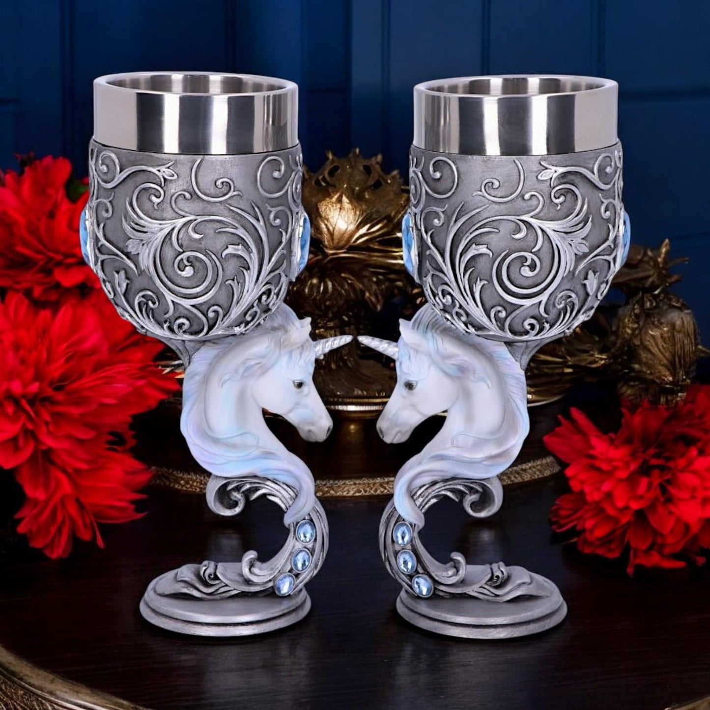 Enchanted Hearts Unicorn Goblets (Set of 2) - Twin Heart Shaped Mystical Cups 18.5cm