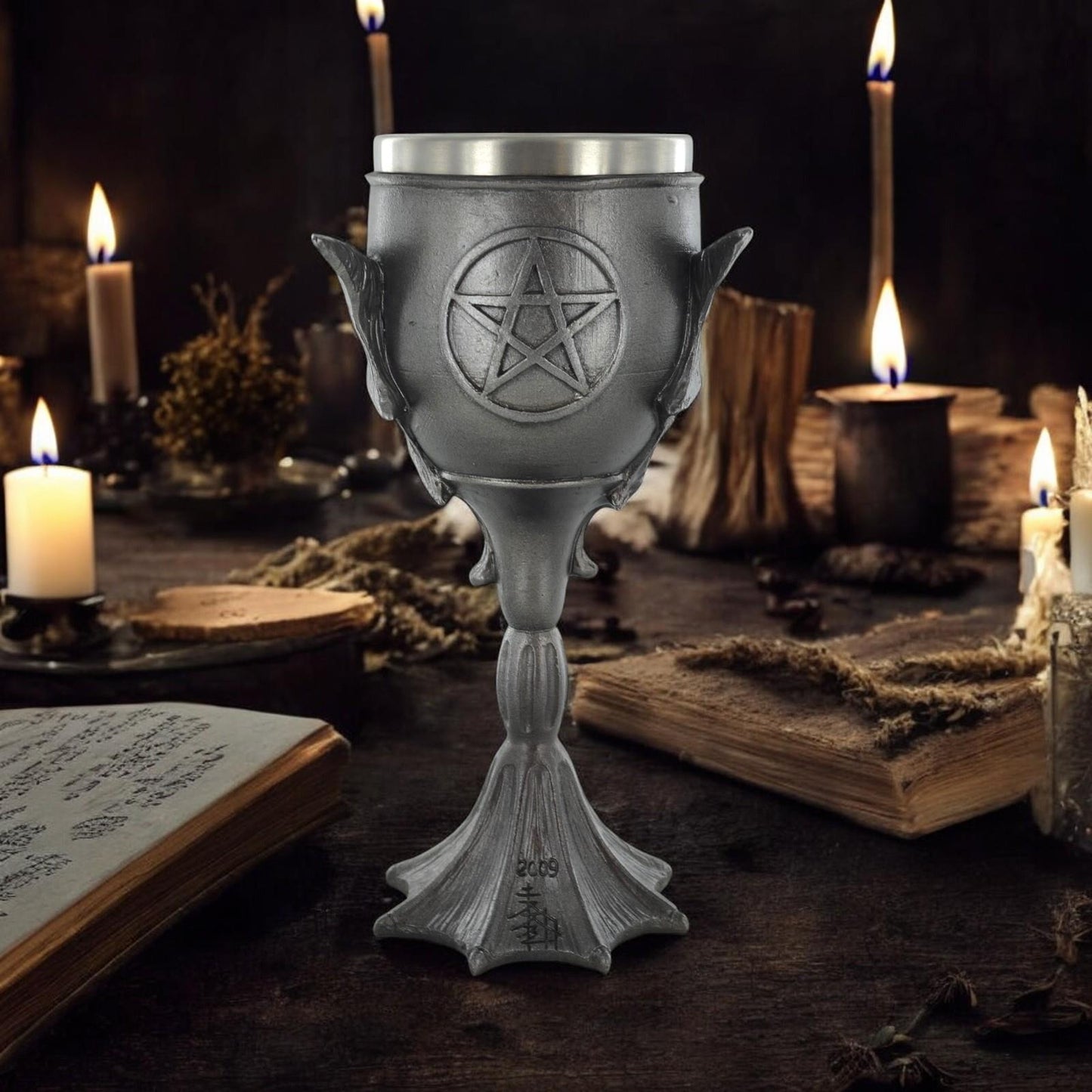 Gothic Bat Chalice Goblet with Pentagram, Designed by Tina Tarrant - Resin & Stainless Steel 20cm