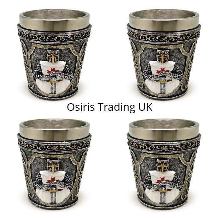 Set of 4 Knight Templar Shot Glasses - Medieval Gothic Decor Drinkware Resin Steel