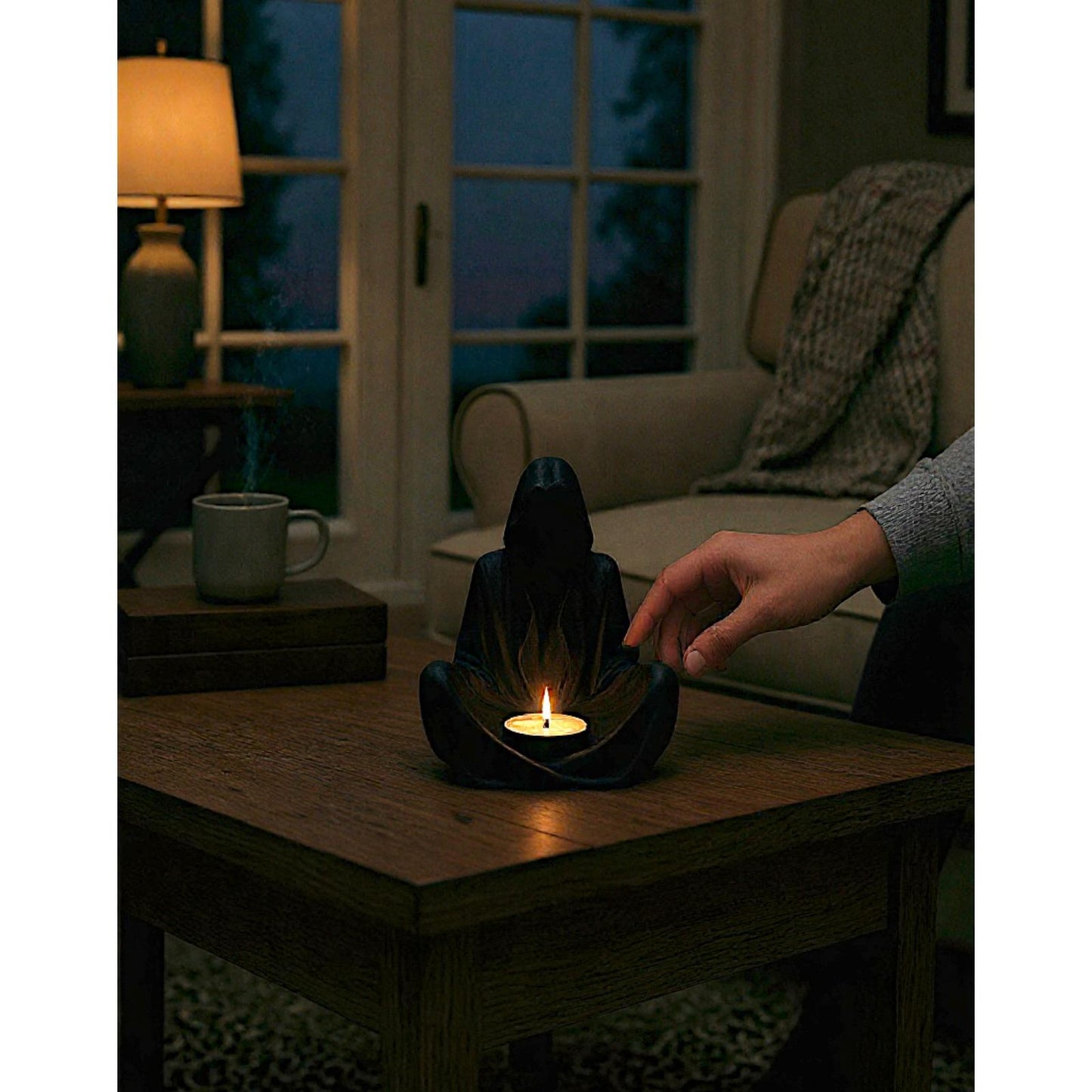 Gothic Black Grim Reaper Final Flame Figurine Sitting Candle Holder Statue