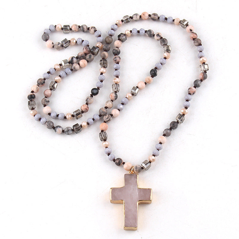 Fashion Bohemian Style Natural Stone Mixed Glass Cross Sweater Chain