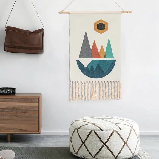 Nordic Hand-Woven Cotton Tapestry - Minimalist Wall Hanging with Geometric Design and Fringe, Modern Boho Decor for Living Room or Bedroom