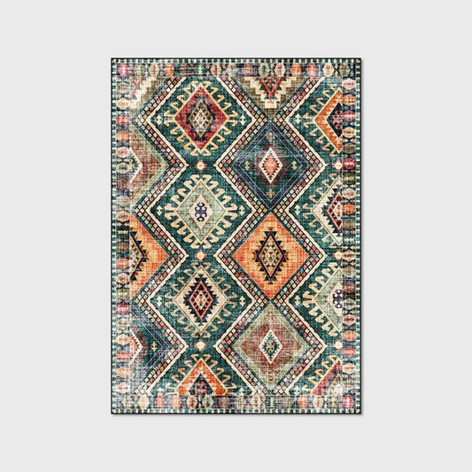 Ethnic Style Area Rug - Green Rhombus Pattern Carpet for Living Room, Fashionable Boho Floor Mat with Tribal Stitching Design