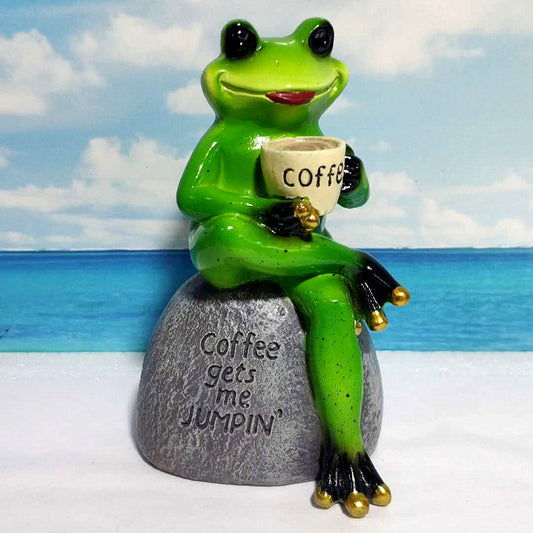 Coffee Frog Garden Statue - Cute Frog Figurine with Coffee Cup, Funny Outdoor Decor for Patio or Garden, Perfect Gift for Coffee Lovers