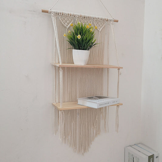 Bohemian Macrame Wall Shelf - Hand-Woven Two-Layer Cotton Tapestry Shelf, Nordic DIY Wall Decor for Living Room or Bedroom