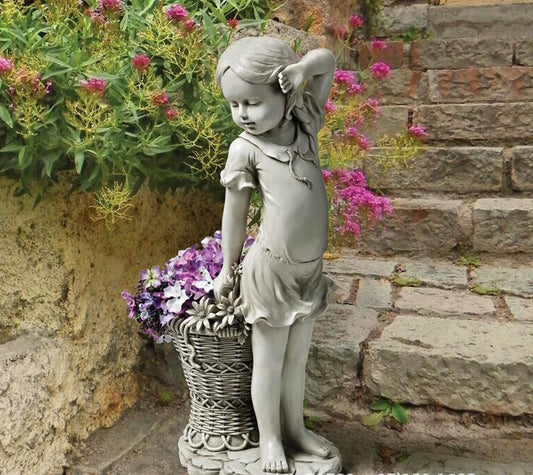 Flower Girl Garden Statue with Planter Basket - Elegant Lawn Ornament Sculpture, Perfect Yard Decor for Flowers and Plants