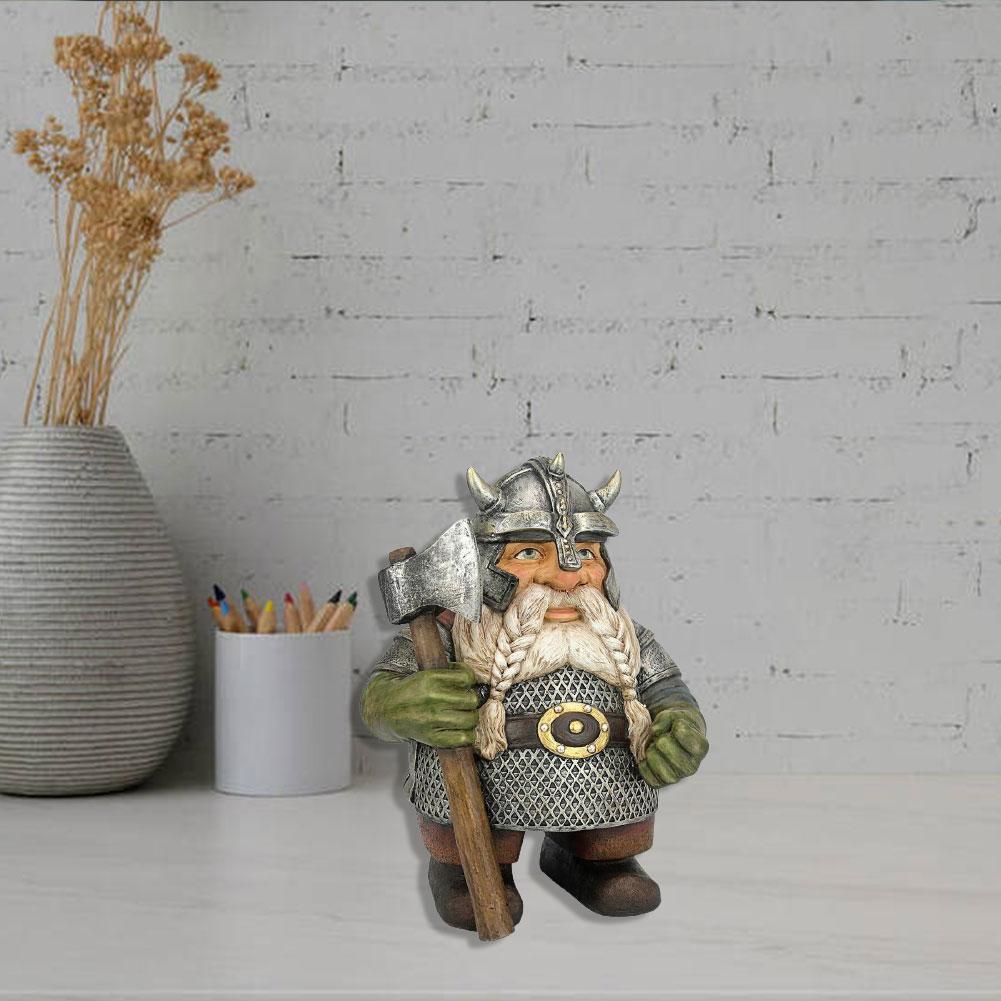 Viking Warrior Gnome Statue - Nordic Gnome Figurine with Helmet & Axe, Hand-Painted Resin, Unique Garden or Shelf Decor