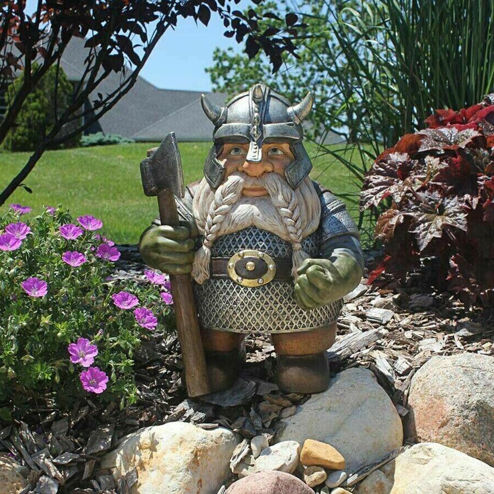 Viking Warrior Gnome Statue - Nordic Gnome Figurine with Helmet & Axe, Hand-Painted Resin, Unique Garden or Shelf Decor