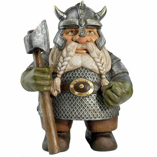 Viking Warrior Gnome Statue - Nordic Gnome Figurine with Helmet & Axe, Hand-Painted Resin, Unique Garden or Shelf Decor