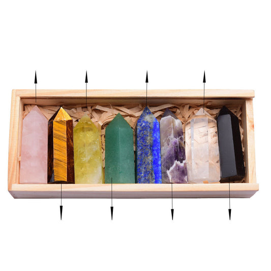 Donghai Natural Crystal Single Pointed Column Set White Crystal  Crystal Eight-Color Wooden Box