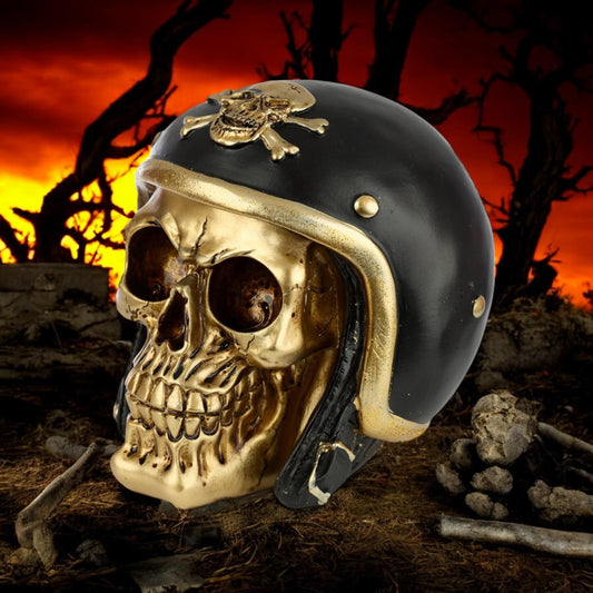Gold Biker Skull Statue | Resin Punk Skull Ornament | Horror Decor Piece
