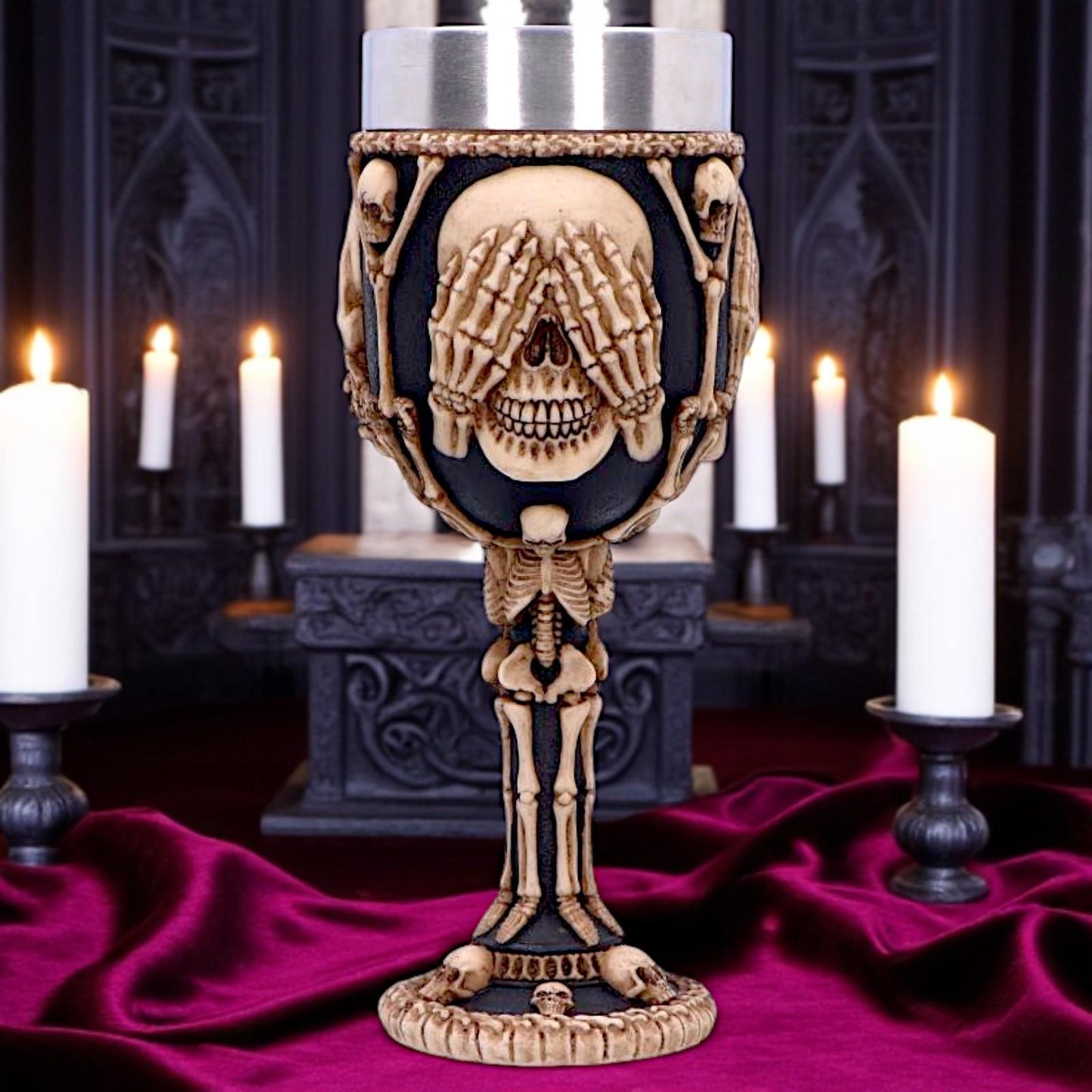 3 Wise Skeleton Goblet Gothic Skull See No Evil Chalice Halloween Decor Drinkware