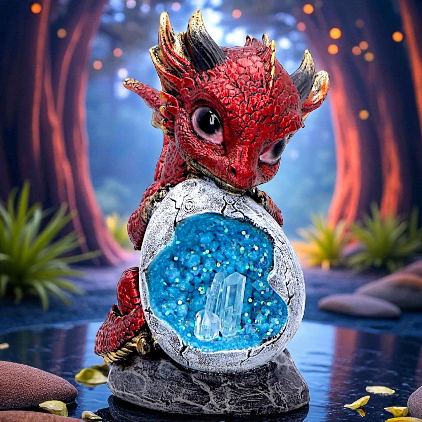 Fantasy Red Baby Dragon and Crystal Egg Figurine Mythical Creature Sculpture