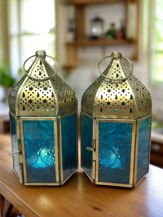 Set of Two Blue Glass Moroccan Style Lanterns Brass Tea Light Candle Holders Ornaments