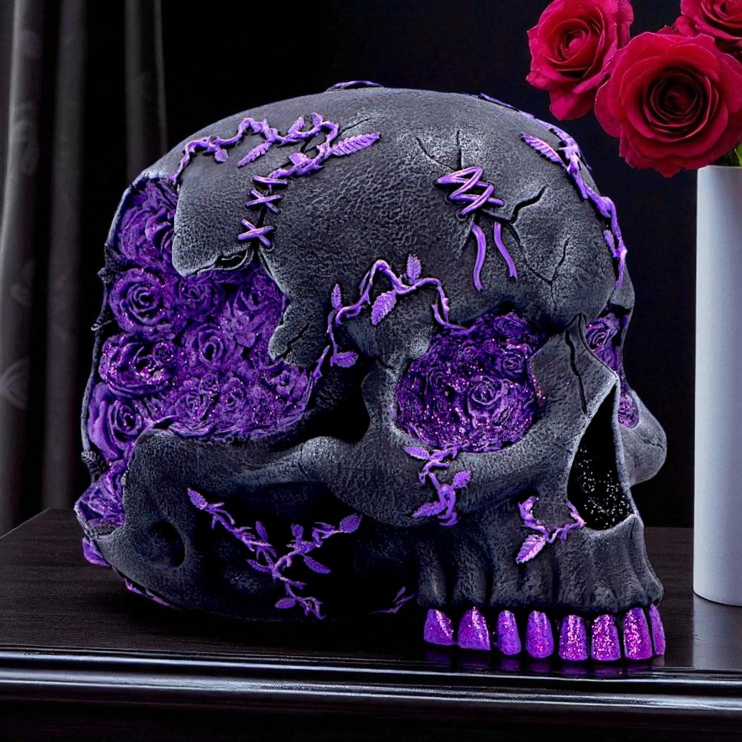 Fantasy Roses Skull Purple Gothic Geode Figurine Crystal Horror Ornament Decor