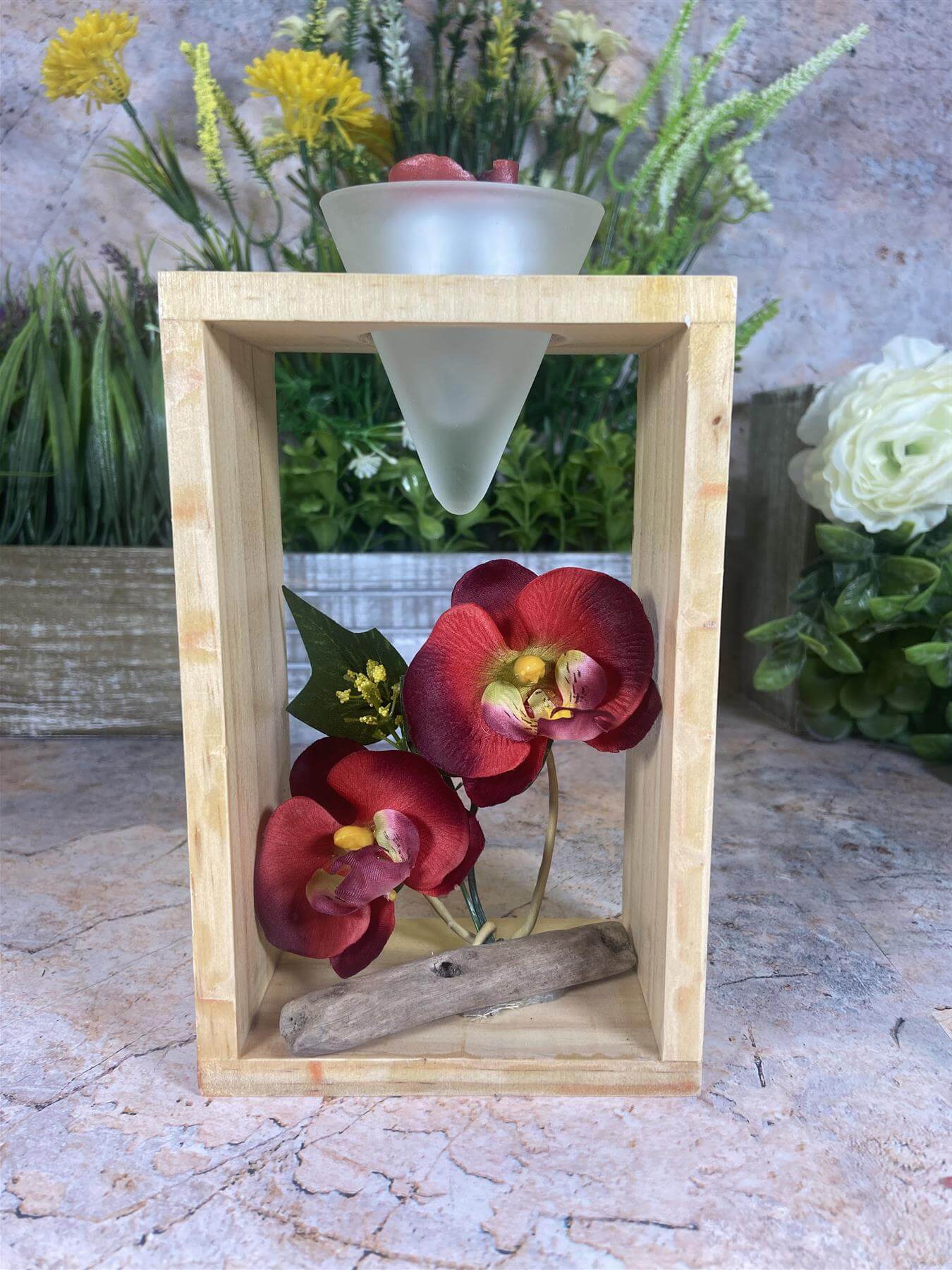 Elegant Orchid Artificial Flower Arrangement with Wooden Candle Holder - 19 cm Tall