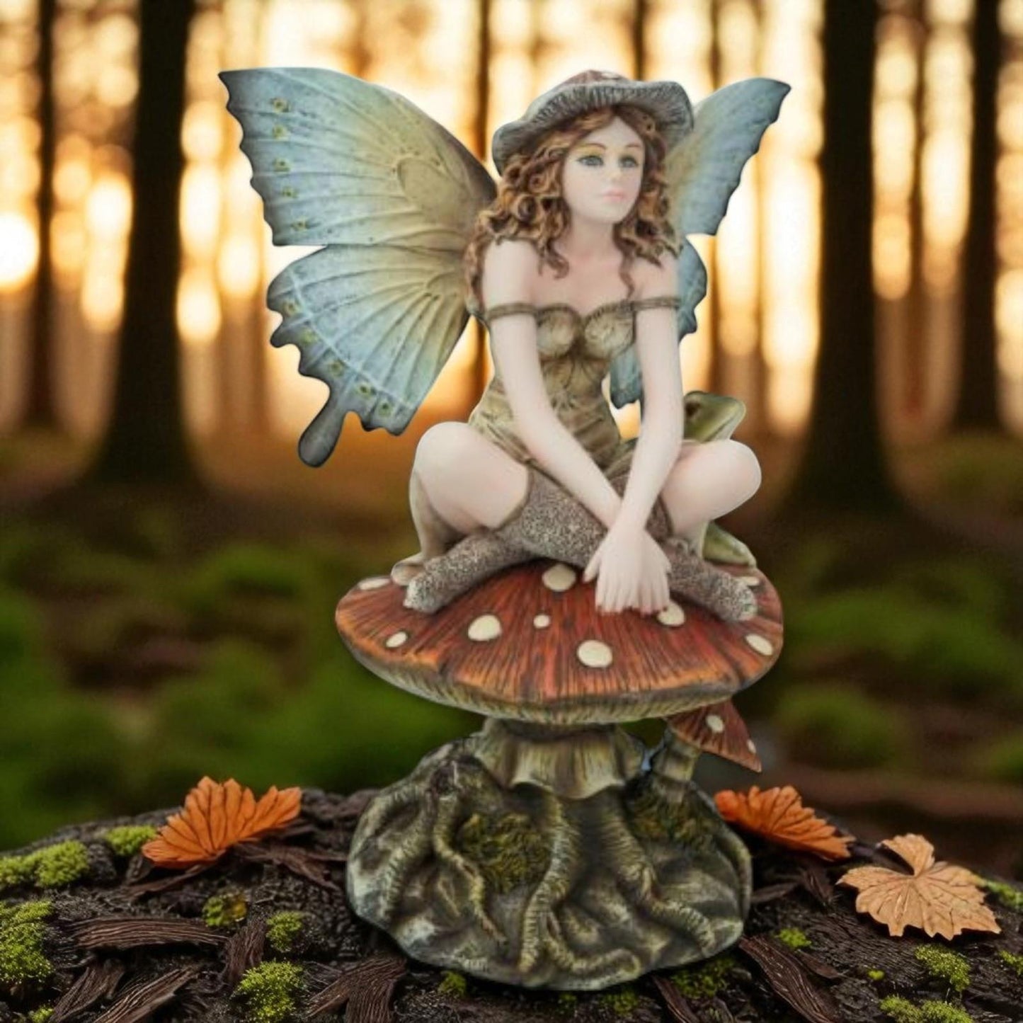 Mushroom Fairy Ornament 22cm Resin Fantasy Figurine Mystical Woodland Elf Sculpture