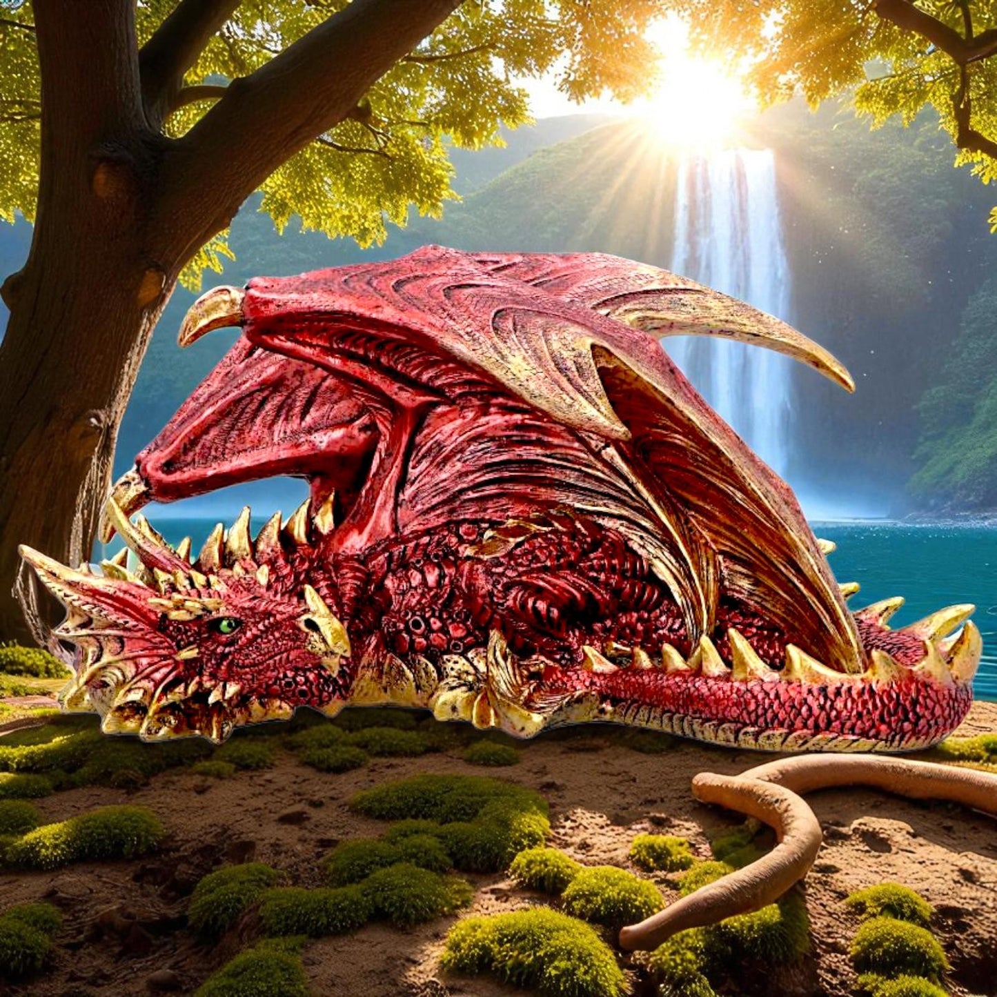 Mythical Red Gothic Dragon Resting Fantasy Creature Figurine Enchanted Decor